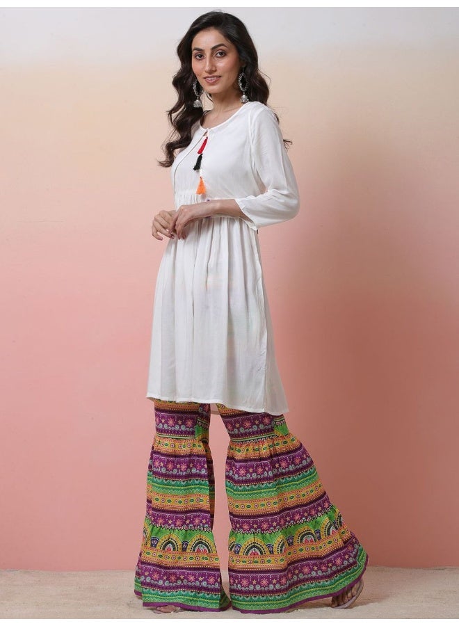 AKS White A-line Kurta with Multicolor Sharara  - Image 5