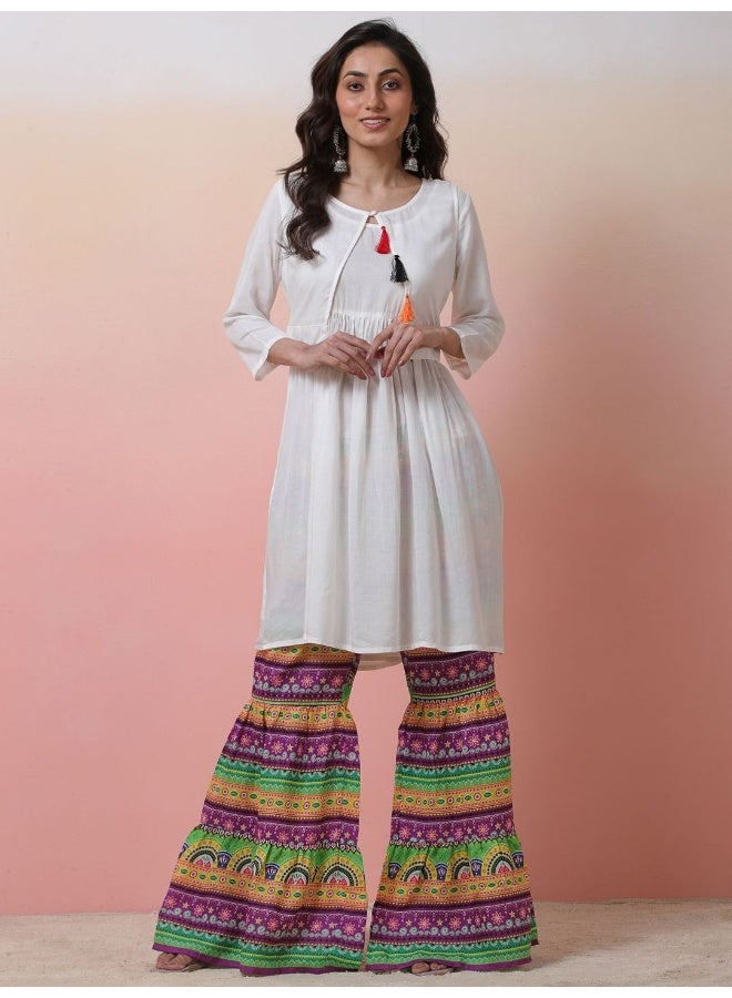 AKS White A-line Kurta with Multicolor Sharara  - Image 1