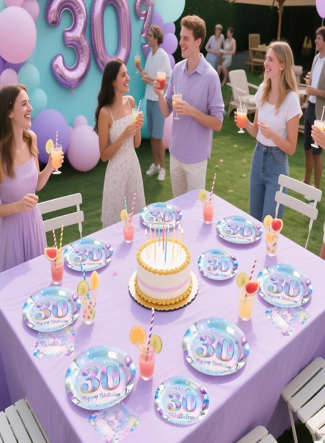 Grencian 96Pcs 30th Birthday Decorations Iridescent 30th Birthday Party Plates Disposable 350GSM Sweet 30 Years Paper Tableware Set for Women 30 Years Old Party Supplies Serves 24 - Image 3