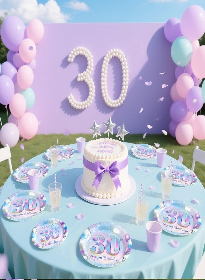 Grencian 96Pcs 30th Birthday Decorations Iridescent 30th Birthday Party Plates Disposable 350GSM Sweet 30 Years Paper Tableware Set for Women 30 Years Old Party Supplies Serves 24 - Image 2