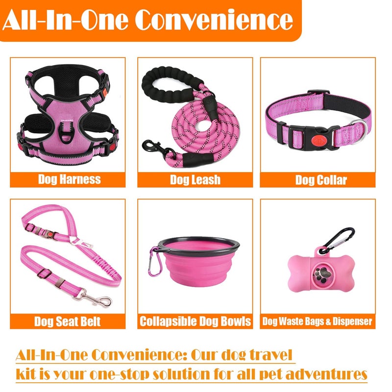 LOBEVE No Pull Dog Harness, Collar & Leash Set | Includes Dog Seat Belt, Collapsible Bowls & Poop Bag Dispenser. Ideal for Training, Walking, Hiking. Fits Small to Large Dogs(Pink-XL) - Image 2