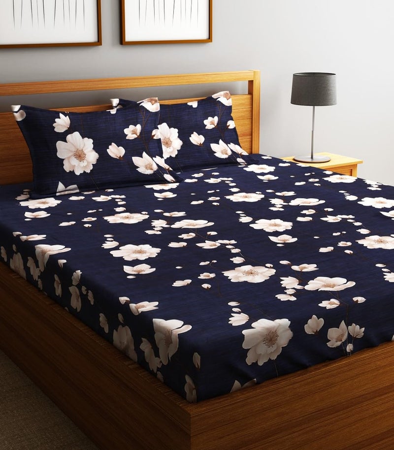 Fashion String 144TC Microfibre Midnight Floral Bloom Blue Double Bedsheet with 2 Pillow Covers - Image 1