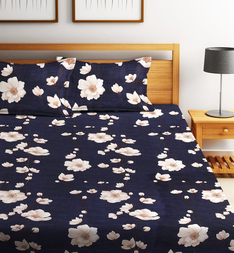 Fashion String 144TC Microfibre Midnight Floral Bloom Blue Double Bedsheet with 2 Pillow Covers - Image 2
