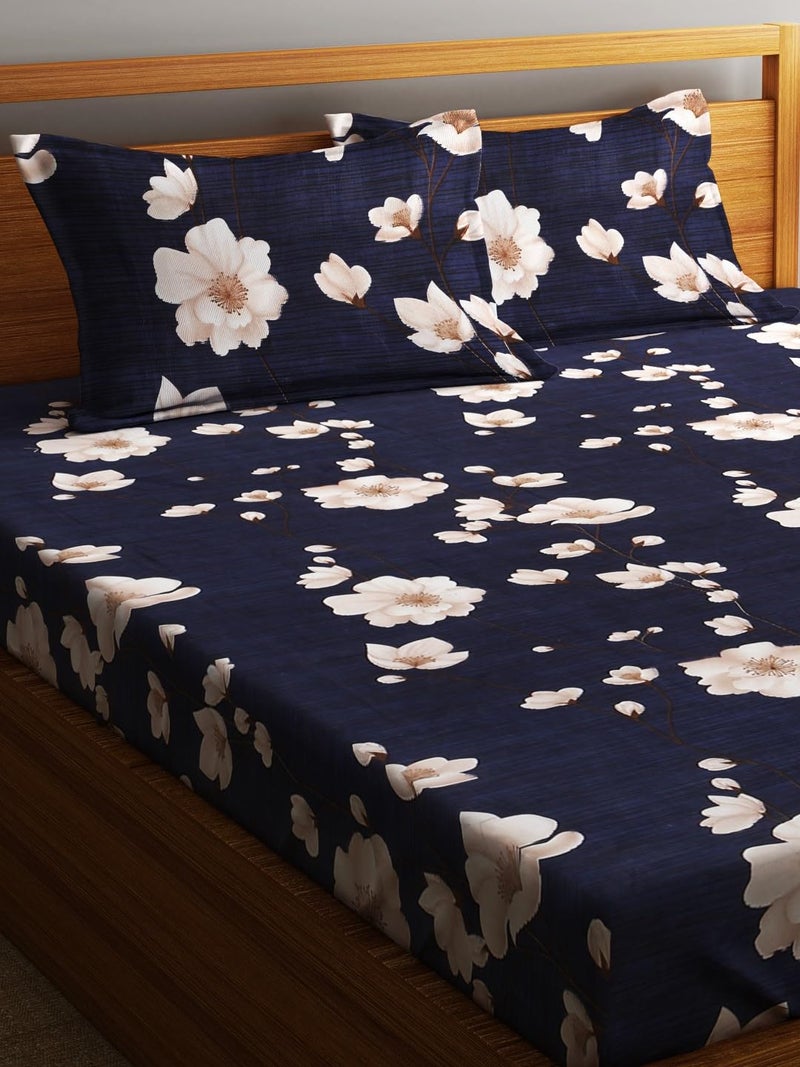 Fashion String 144TC Microfibre Midnight Floral Bloom Blue Double Bedsheet with 2 Pillow Covers - Image 3