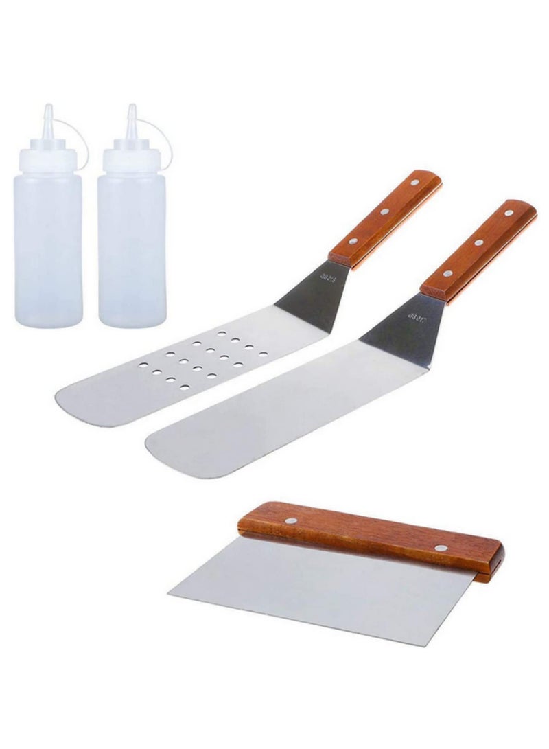 5pcs BBQ Grill Tool Kit 2 Spatulas 1 Chopper Scraper 2 Condiment Bottles Premium Stainless Steel for Grill Griddle Flat Top Great BBQ Accessories  - Image 1