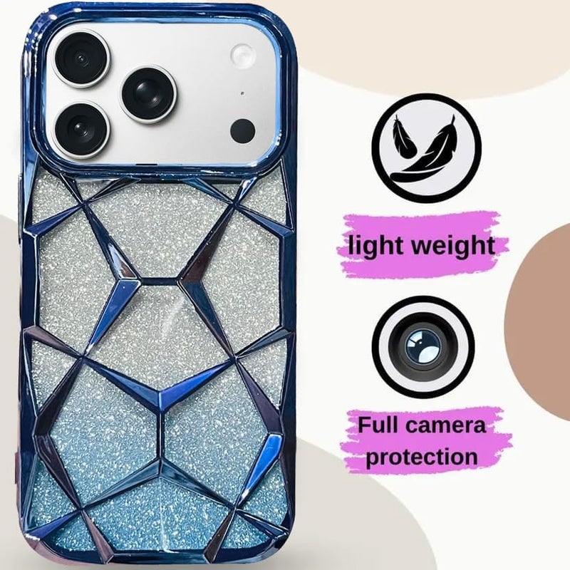 VONZEE Gradient Glitter Back Cover Case Compatible with iPhone 17 Pro Max, Luxury Electroplated 3D Cube, Diamond Bling Shiny Soft TPU Clear Shockproof Women Girls Protective Phone Cover|Sierra Blue - Image 4