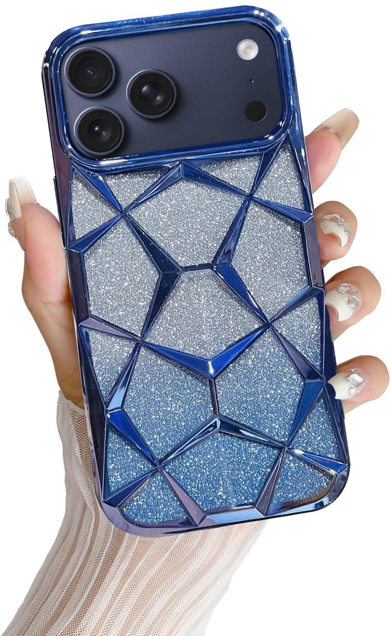 VONZEE Gradient Glitter Back Cover Case Compatible with iPhone 17 Pro Max, Luxury Electroplated 3D Cube, Diamond Bling Shiny Soft TPU Clear Shockproof Women Girls Protective Phone Cover|Sierra Blue - Image 1