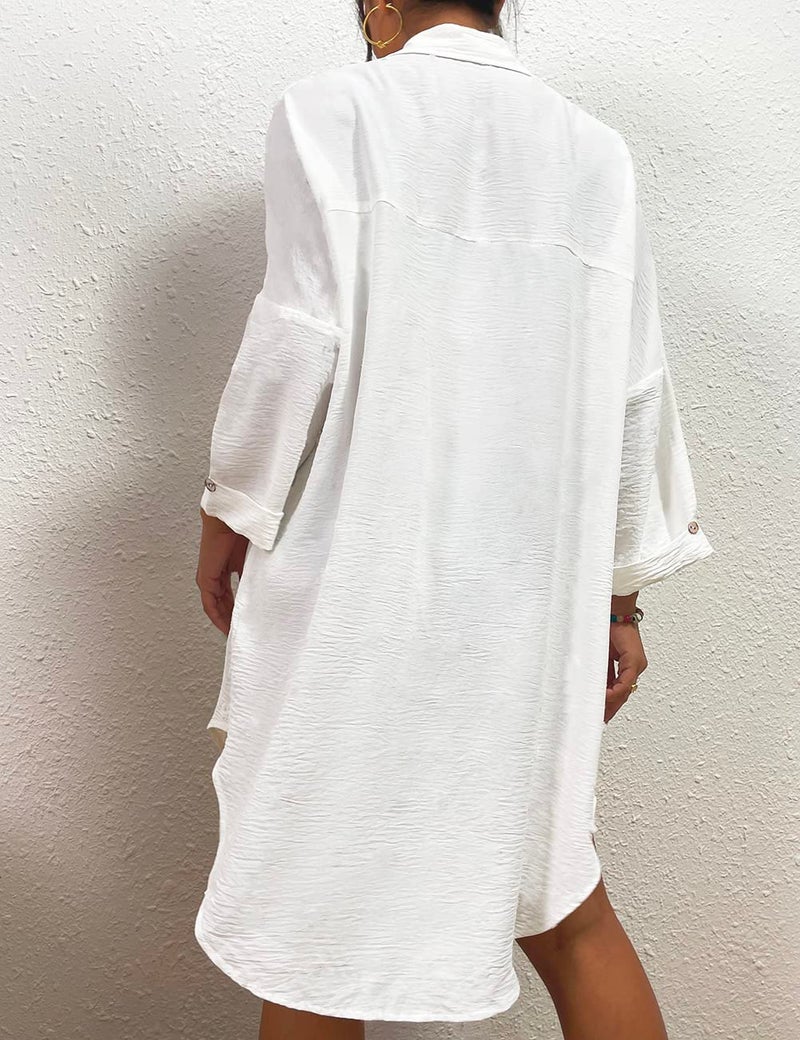 Bsubseach Womens Modern Swimsuit Cover Up Blouse Button Down Shirt Dresses Tops White - Image 5