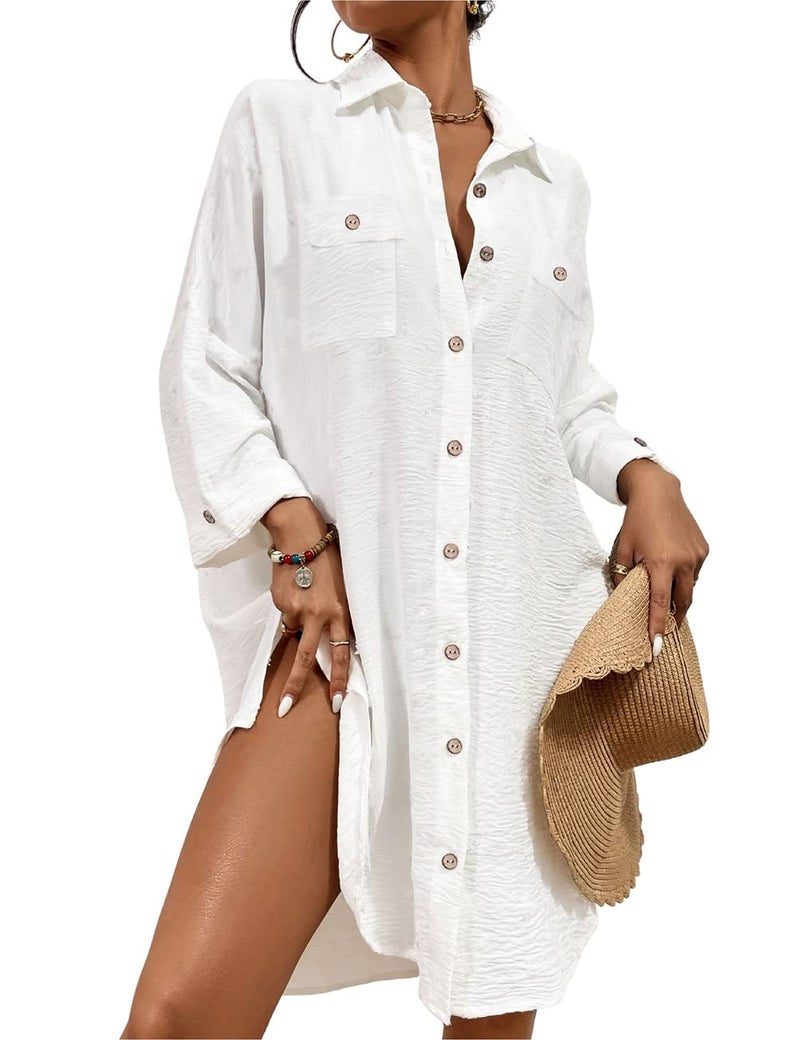 Bsubseach Womens Modern Swimsuit Cover Up Blouse Button Down Shirt Dresses Tops White - Image 1