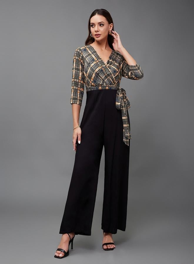 Styli Checkered Wrap Wide Leg Viscose Jumpsuit with Tie-Up Detail - Image 1