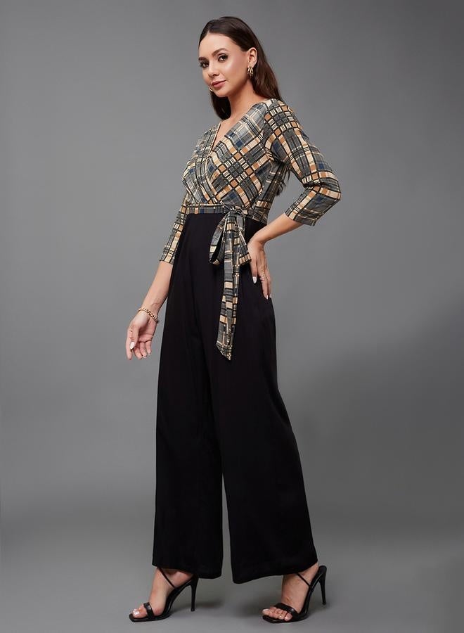 Styli Checkered Wrap Wide Leg Viscose Jumpsuit with Tie-Up Detail - Image 5