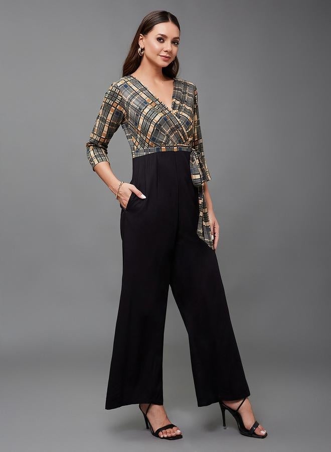 Styli Checkered Wrap Wide Leg Viscose Jumpsuit with Tie-Up Detail - Image 4