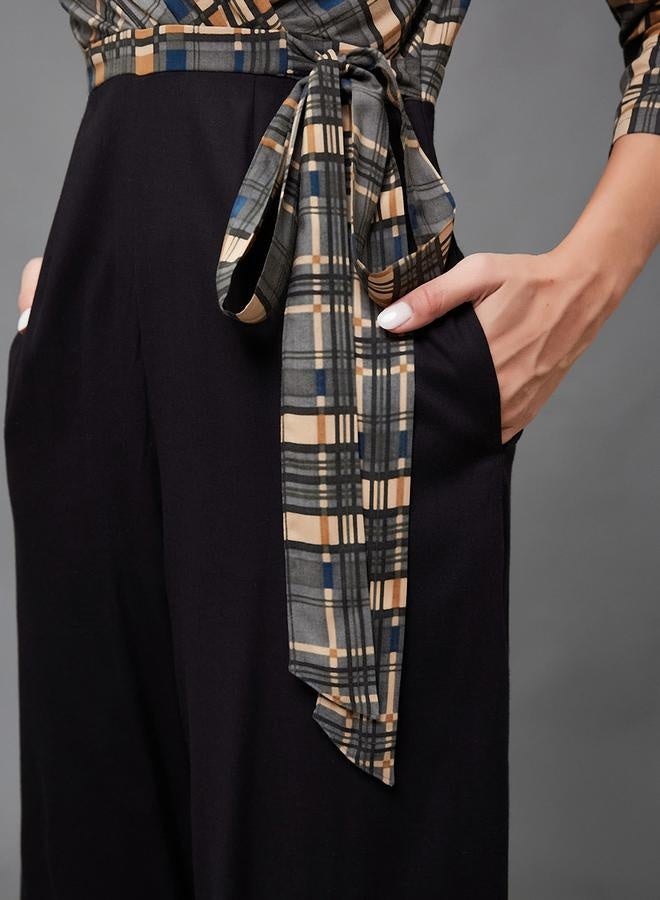 Styli Checkered Wrap Wide Leg Viscose Jumpsuit with Tie-Up Detail - Image 2