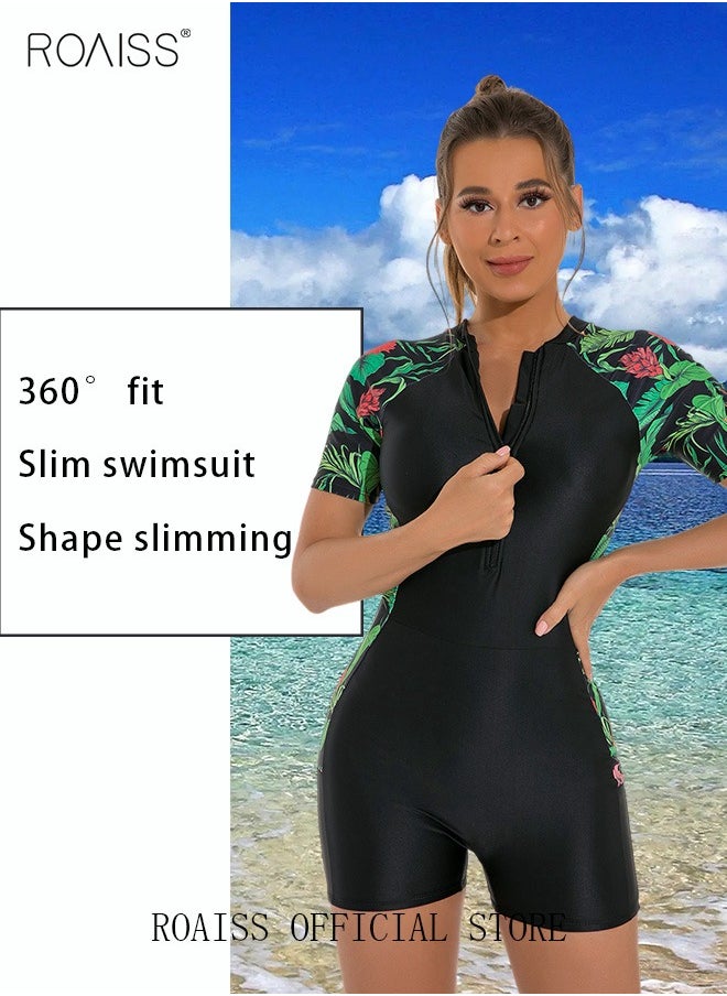 roaiss Women One Piece Swimsuit Color Block Surf Clothes Short Sleeve Swimwear Conservative Beachwear Bathing Suit Sports Suits Jumpsuit  - Image 4