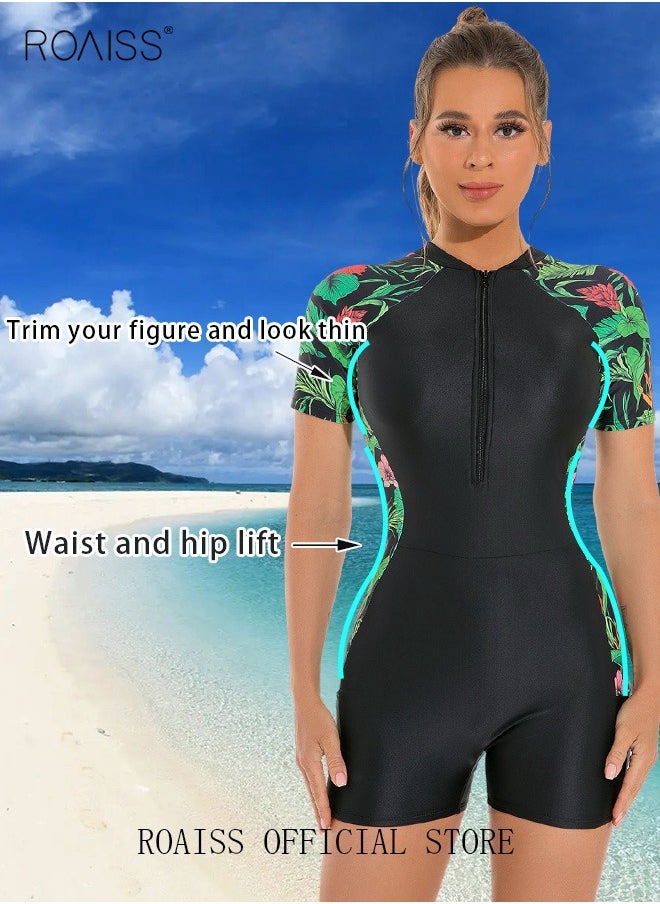 roaiss Women One Piece Swimsuit Color Block Surf Clothes Short Sleeve Swimwear Conservative Beachwear Bathing Suit Sports Suits Jumpsuit  - Image 3