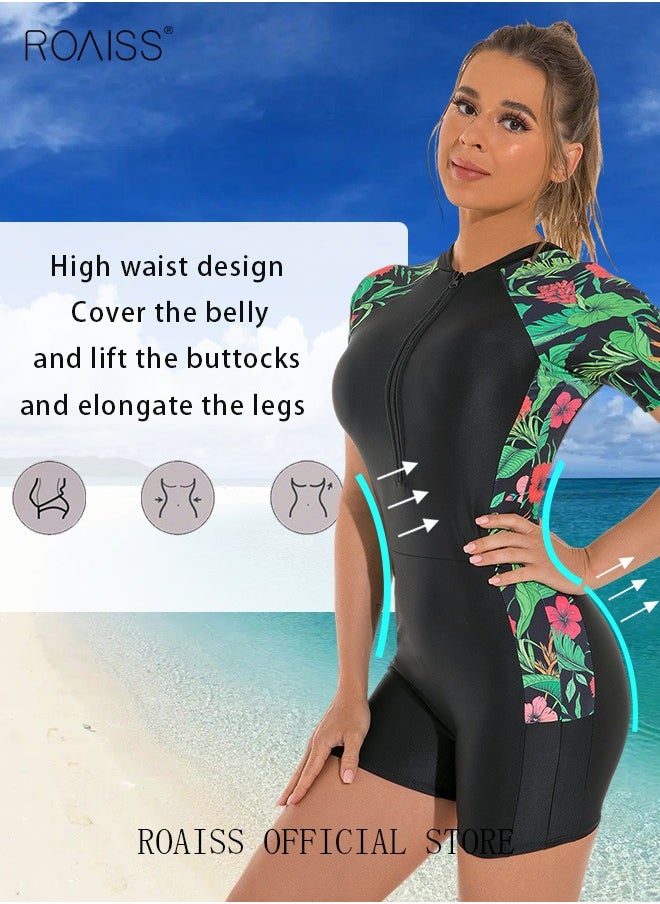roaiss Women One Piece Swimsuit Color Block Surf Clothes Short Sleeve Swimwear Conservative Beachwear Bathing Suit Sports Suits Jumpsuit  - Image 1