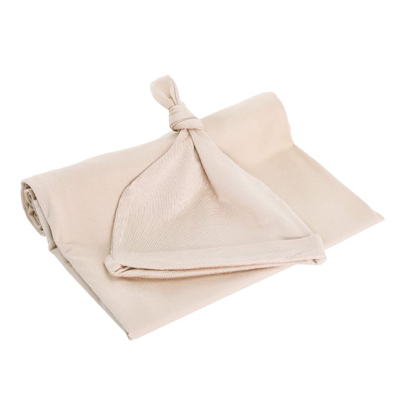 iEvolve Cotton Knitted Baby Swaddle Blanket with Hat Headband Set Newborn Swaddle Wrap Receiving Blankets for Baby Girl Boy 35" x 35"(Beige) - Image 2