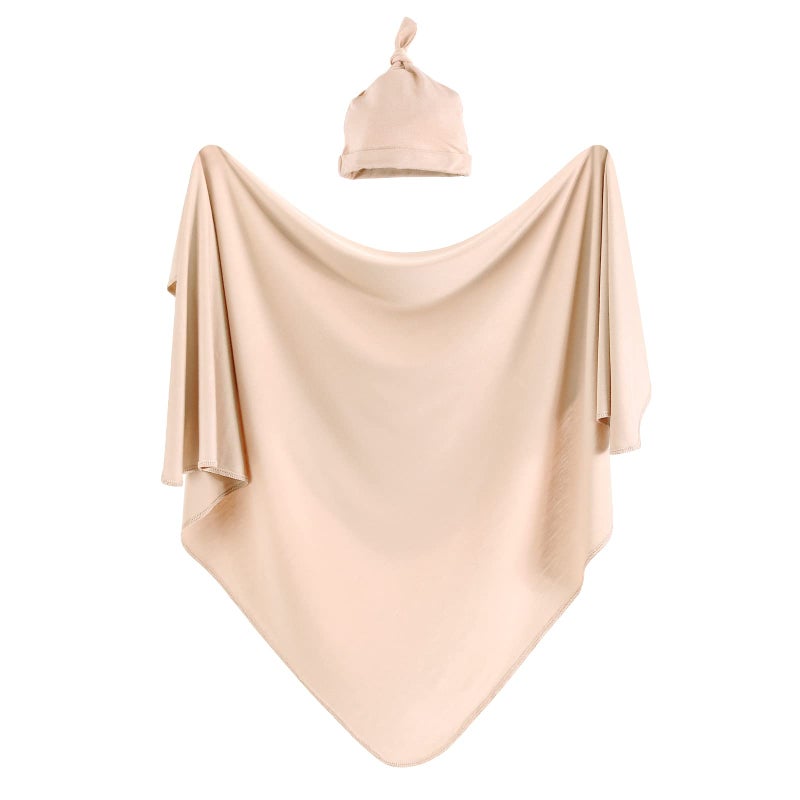 iEvolve Cotton Knitted Baby Swaddle Blanket with Hat Headband Set Newborn Swaddle Wrap Receiving Blankets for Baby Girl Boy 35" x 35"(Beige) - Image 1
