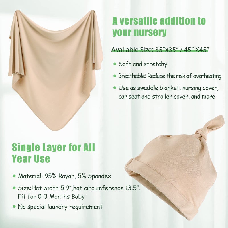 iEvolve Cotton Knitted Baby Swaddle Blanket with Hat Headband Set Newborn Swaddle Wrap Receiving Blankets for Baby Girl Boy 35" x 35"(Beige) - Image 5