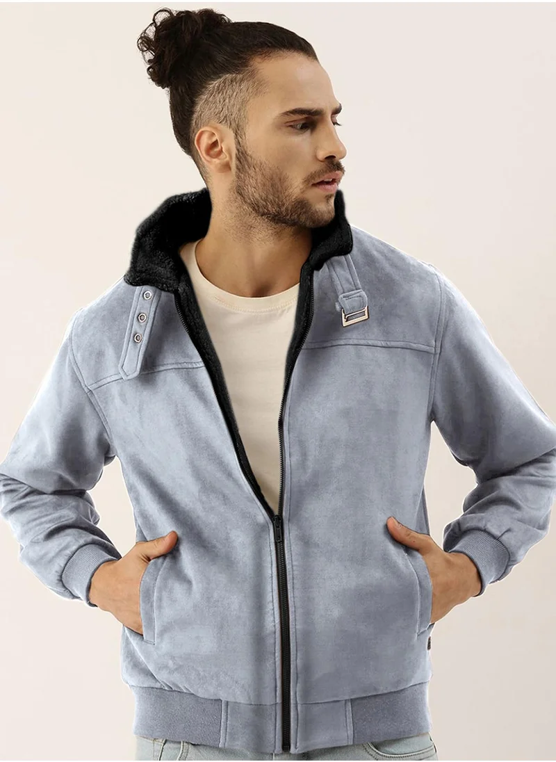 Campus Sutra Men's Grey Zip-Front Jacket With Fleece Detail