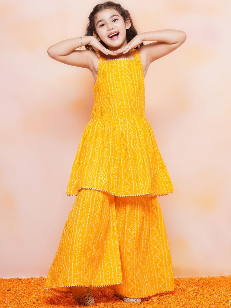 AJ DEZINES Kids Ethnic Wear Cotton Bandhani Printed Sleeveless A Line Yellow Kurta Sharara Set For Girls (G-1115-YELLOW-26) - Image 2