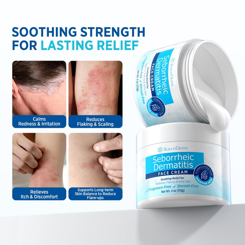 Roycederm Seborrheic Dermatitis & Psoriasis Face Cream â€“ Steroid-Free Moisturizer for Redness, Flaking & Sensitive Skin â€“ Face, Scalp & Body Daily Relief â€“ Fragrance-Free, Non-Greasy, 4 oz - Image 2