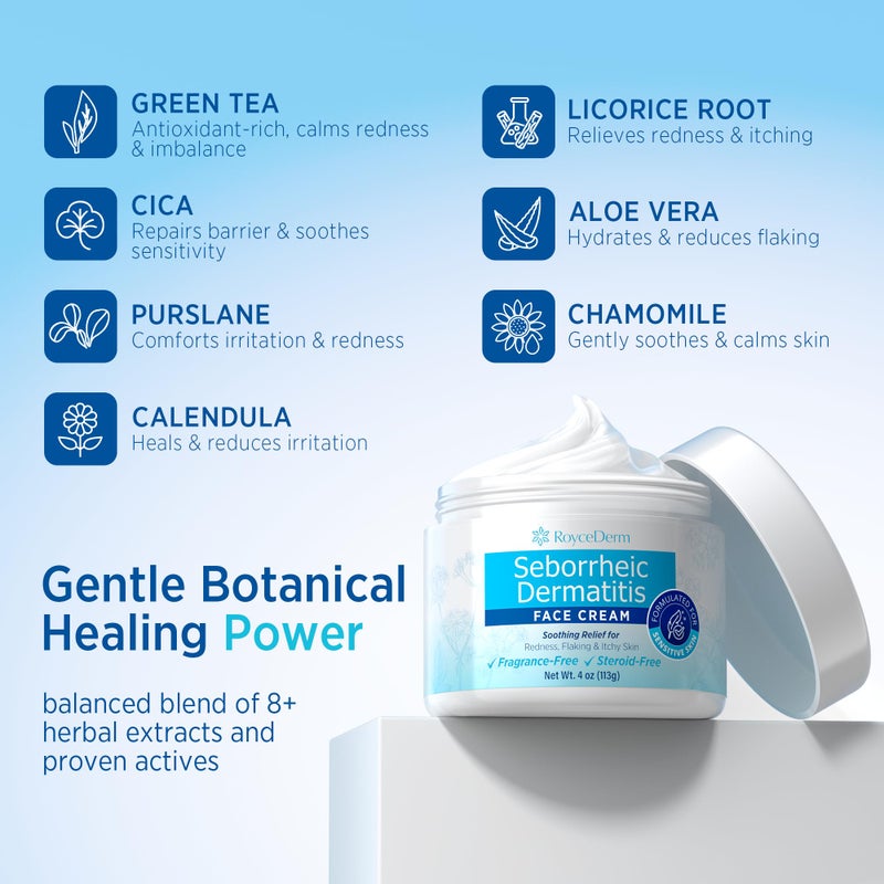 Roycederm Seborrheic Dermatitis & Psoriasis Face Cream â€“ Steroid-Free Moisturizer for Redness, Flaking & Sensitive Skin â€“ Face, Scalp & Body Daily Relief â€“ Fragrance-Free, Non-Greasy, 4 oz - Image 4