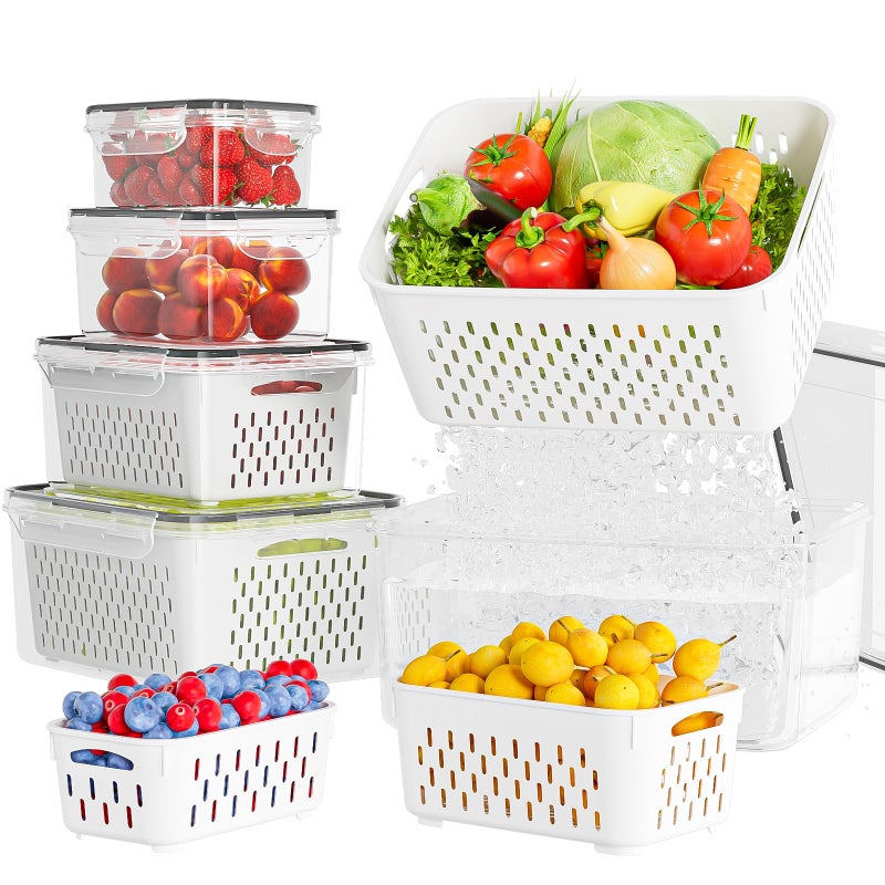 KEMETHY 5 Pack Fruit Storage Containers for Fridge with Removable Colanders - Food Storage Containers with Lids, BPA-Free Produce Containers Keep Fruits, Vegetables, Berry, Meat Fresh Longer - Image 1