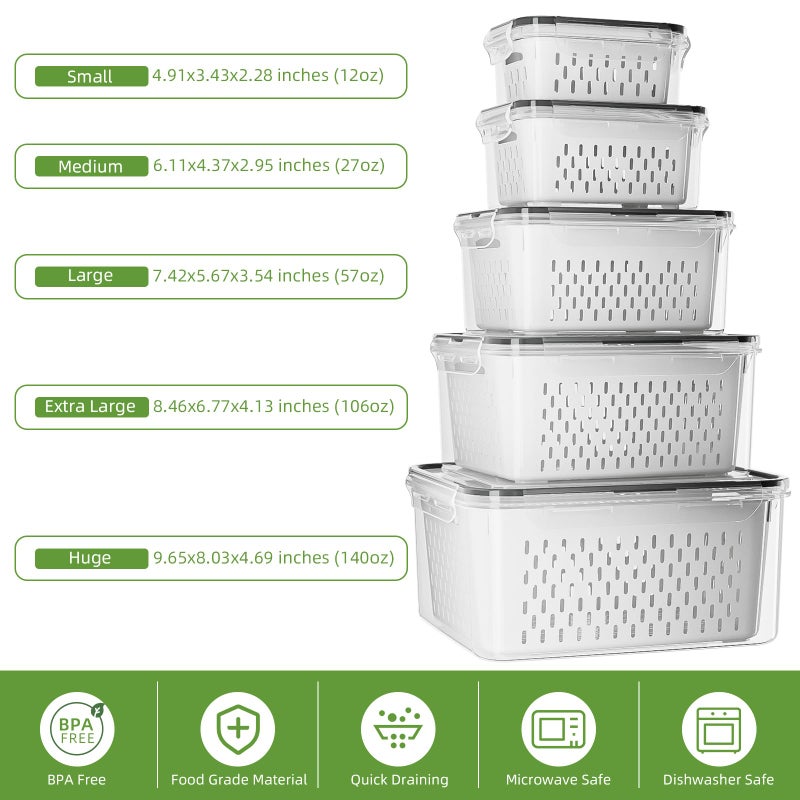 KEMETHY 5 Pack Fruit Storage Containers for Fridge with Removable Colanders - Food Storage Containers with Lids, BPA-Free Produce Containers Keep Fruits, Vegetables, Berry, Meat Fresh Longer - Image 3