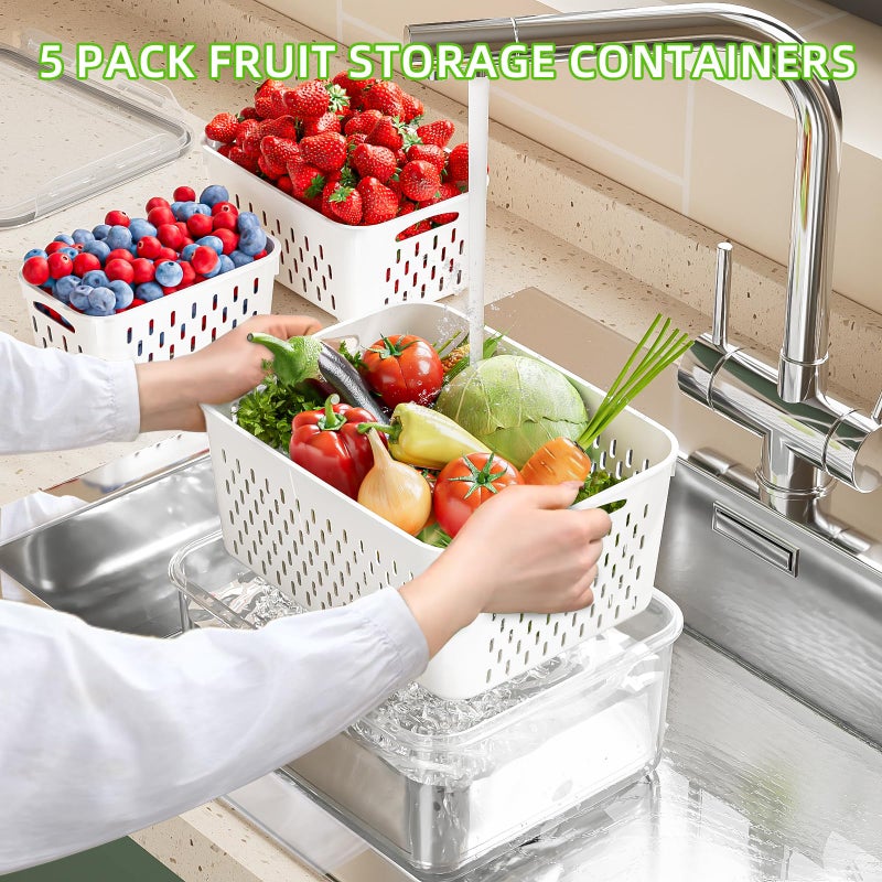 KEMETHY 5 Pack Fruit Storage Containers for Fridge with Removable Colanders - Food Storage Containers with Lids, BPA-Free Produce Containers Keep Fruits, Vegetables, Berry, Meat Fresh Longer - Image 2