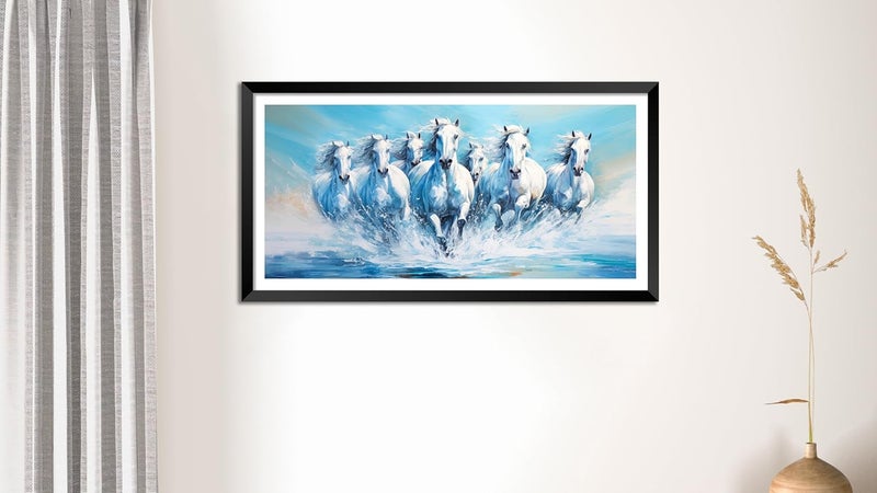 Canvas Pe Canvas pe 7 Running horses vastu painting Blessing white horse abstract picture laminated coated Blue theme photo frame modern artwork for living office decor 14x26 inch gift Item synthetic wood  - Image 2