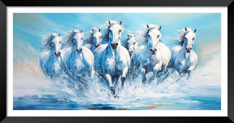 Canvas Pe Canvas pe 7 Running horses vastu painting Blessing white horse abstract picture laminated coated Blue theme photo frame modern artwork for living office decor 14x26 inch gift Item synthetic wood  - Image 1