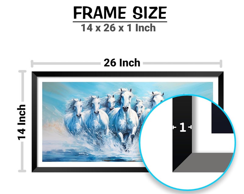 Canvas Pe Canvas pe 7 Running horses vastu painting Blessing white horse abstract picture laminated coated Blue theme photo frame modern artwork for living office decor 14x26 inch gift Item synthetic wood  - Image 3