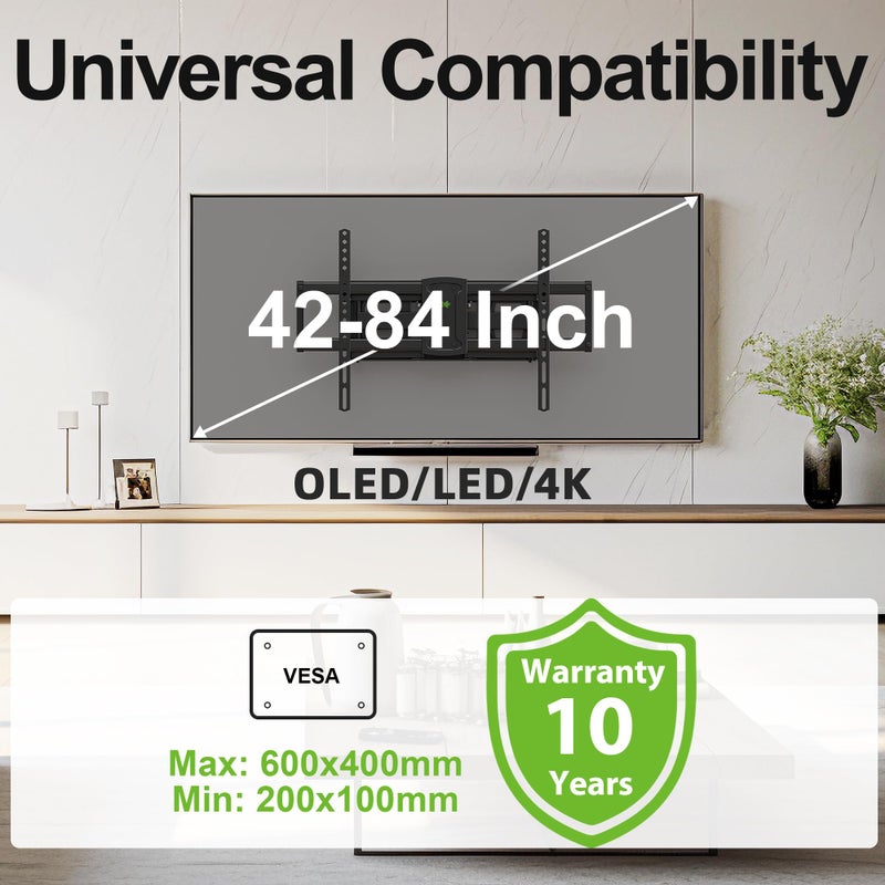 USX MOUNT Full Motion Mount, USX MOUNT UL Listed TV Wall Mount for Most 42-84 inch TVs, Holds up to 120lbs, Max VESA 600x400mm, Swivel TV Bracket with Dual Articulating Arms Tilt Rotation Fits 16" Wood Stud - Image 5