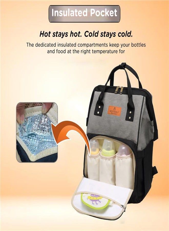 Motherly Crown Melange Fabric Diaper Bag for Mothers for Travel With Warranty | Spacious Diaper Bags for Mom | baby bag for mother travel | Maternity Bags for Mother and Baby - Black and Grey - Image 2