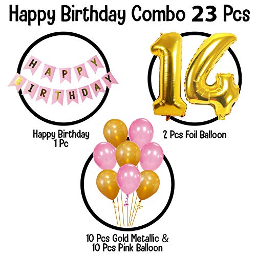 Party Propz 14th Birthday Girl Pink Combo Banner (cardstock) Balloon and Number 14 Foil Balloon 23Pcs for Kids Birthday Decoration - Image 2