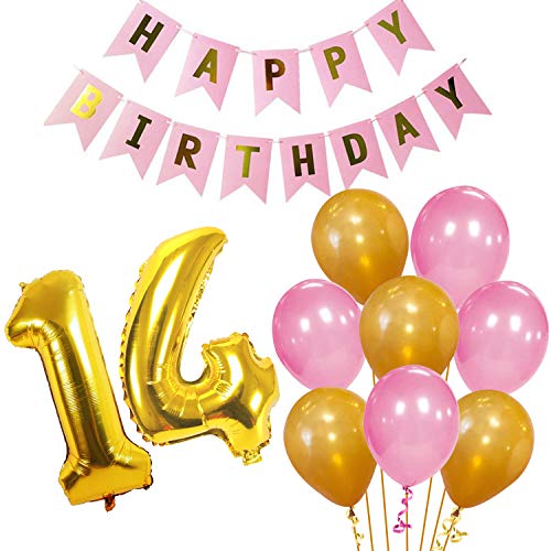 Party Propz 14th Birthday Girl Pink Combo Banner (cardstock) Balloon and Number 14 Foil Balloon 23Pcs for Kids Birthday Decoration - Image 1