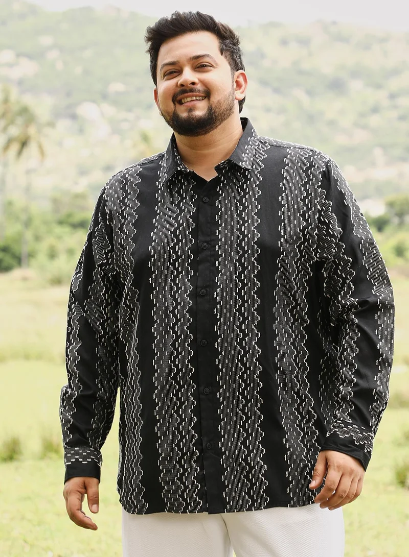 انستافاب بلس قميص رجالي جاكار بنقوش سحابية بلون أسود أونيكس بياقة واسعة وأكمام طويلة بأزرار وإغلاق أمامي بنقوش خطوط مجردة من مزيج القطن للملابس الكاجوال