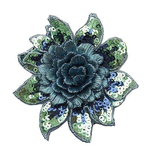 FEEPOP Applique Patch 3D Flower Gold Sequin Crystal Embroidered Lace Fabric Sew On Wedding Dress Cloth Accessory (Blue) - Image 3