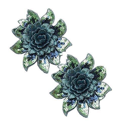 FEEPOP Applique Patch 3D Flower Gold Sequin Crystal Embroidered Lace Fabric Sew On Wedding Dress Cloth Accessory (Blue) - Image 2