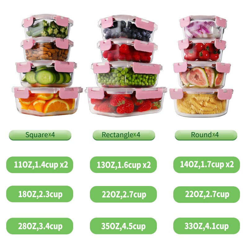 HOMBERKING 24pc Glass Food Storage Containers with Lids, Airtight Glass Bento Boxes, BPA Free & Leak Proof, Pantry Kitchen Storage (12 Lids & 12 Containers) - Pink - Image 3