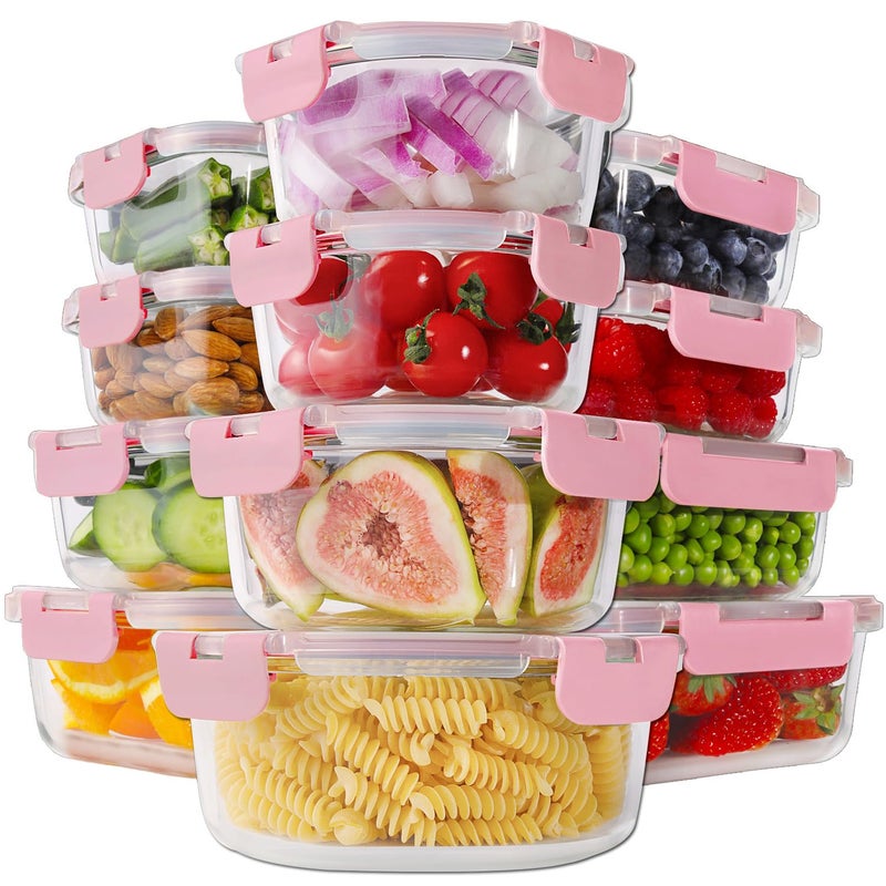 HOMBERKING 24pc Glass Food Storage Containers with Lids, Airtight Glass Bento Boxes, BPA Free & Leak Proof, Pantry Kitchen Storage (12 Lids & 12 Containers) - Pink - Image 1