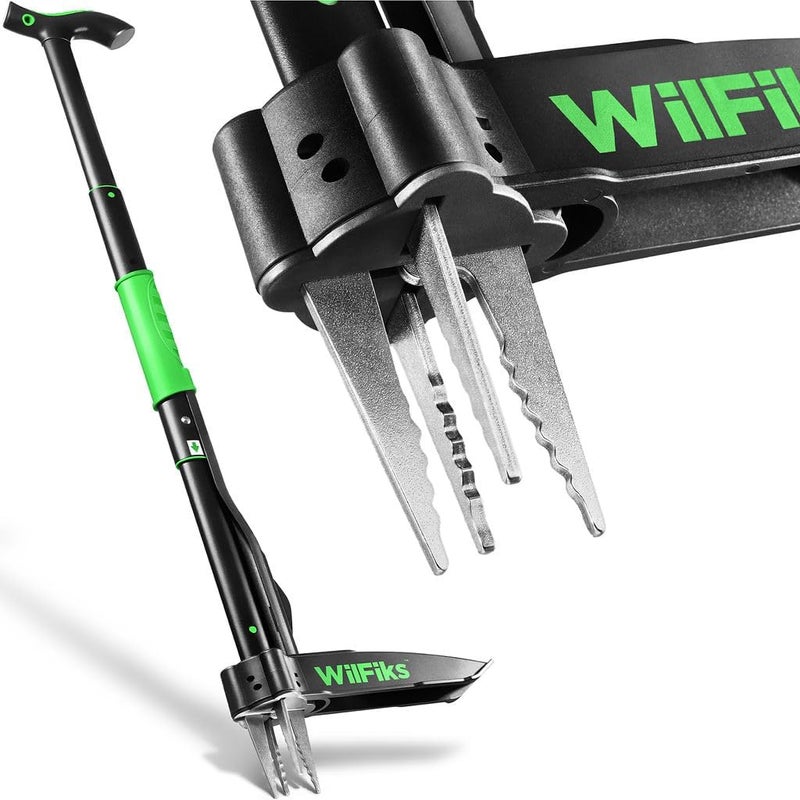WilFiks أداة إزالة الأعشاب الضارة بمقبض طويل قابل للتعديل (36 و40 و45 بوصة)، آلية طرد الأعشاب سريعة التحرير، مزيل أعشاب ثقيل من الألومنيوم خفيف الوزن للوقوف، رأس بأربعة مخالب ودواسة قدم لتسهيل إزالة الأعشاب - Image 1