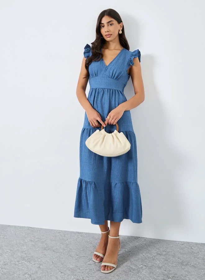 Take Two Blue Tiered Midi Dress with Ruffled Sleeve