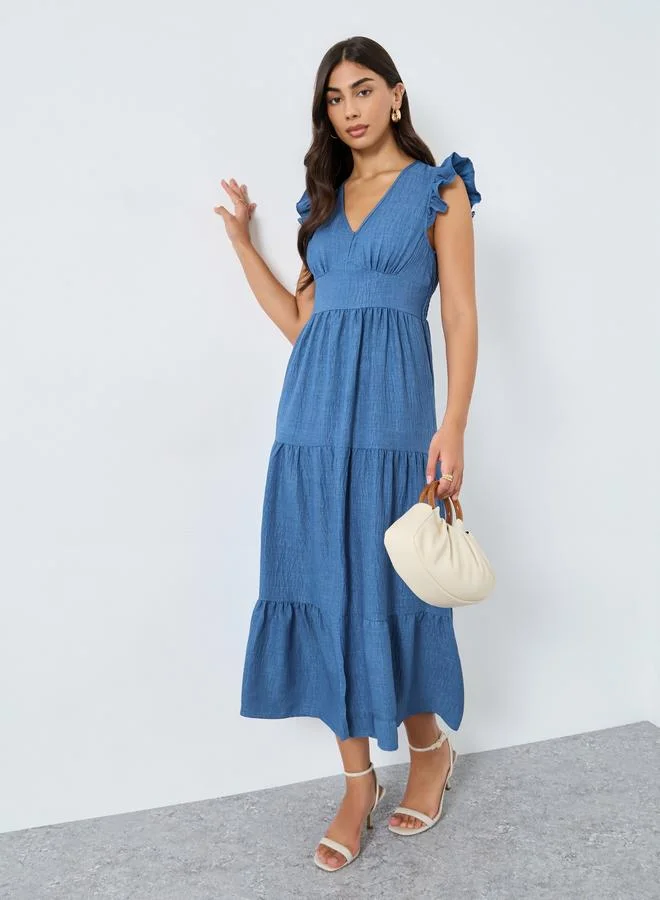 Take Two Take Two Blue Tiered Midi Dress with Ruffled Sleeve