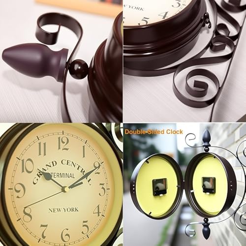 WOOCH Wrought Iron Antique-Look Brown Round Wall Hanging Double Sided Two Faces Retro Station Clock Round Chandelier Clock with Scroll Wall Side Mount Home Décor Wall Clock 8-inch - Image 3