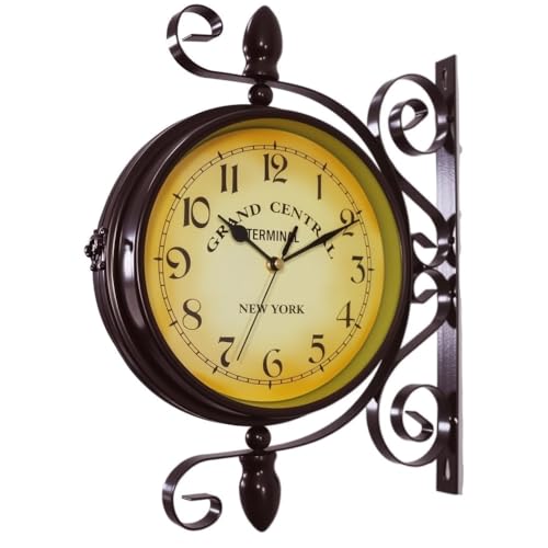 WOOCH Wrought Iron Antique-Look Brown Round Wall Hanging Double Sided Two Faces Retro Station Clock Round Chandelier Clock with Scroll Wall Side Mount Home Décor Wall Clock 8-inch - Image 1