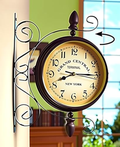 WOOCH Wrought Iron Antique-Look Brown Round Wall Hanging Double Sided Two Faces Retro Station Clock Round Chandelier Clock with Scroll Wall Side Mount Home Décor Wall Clock 8-inch - Image 5