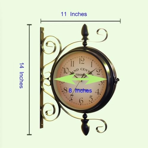 WOOCH Wrought Iron Antique-Look Brown Round Wall Hanging Double Sided Two Faces Retro Station Clock Round Chandelier Clock with Scroll Wall Side Mount Home Décor Wall Clock 8-inch - Image 2