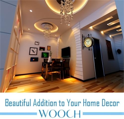 WOOCH Wrought Iron Antique-Look Brown Round Wall Hanging Double Sided Two Faces Retro Station Clock Round Chandelier Clock with Scroll Wall Side Mount Home Décor Wall Clock 8-inch - Image 4